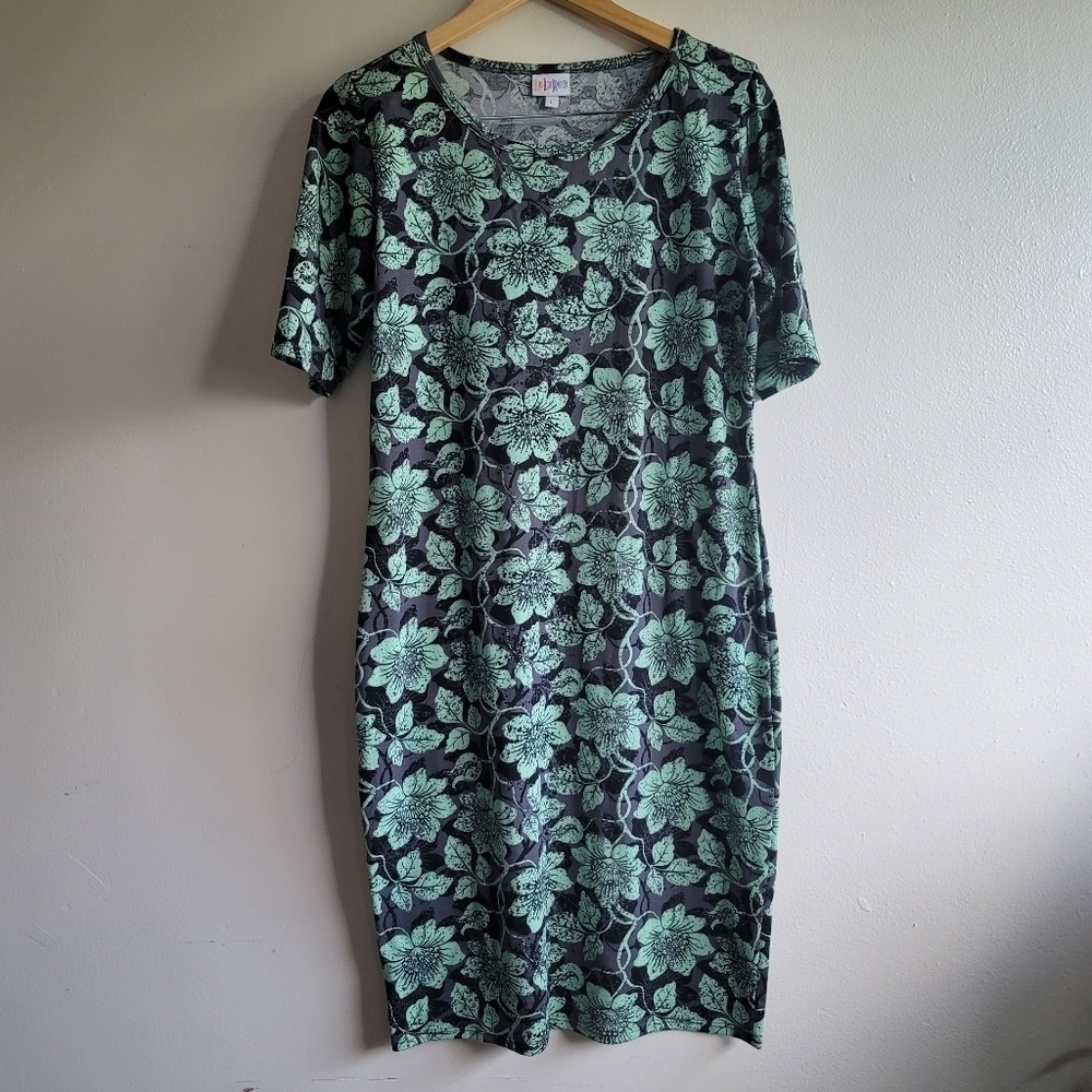Lularoe Julia Dress, Floral, Black/Grey/Mint, Size Large
